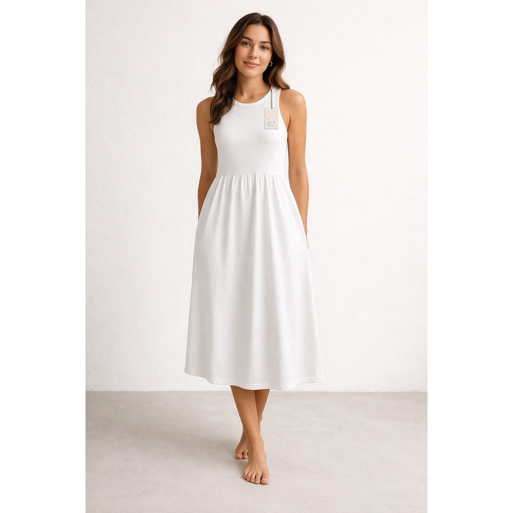 A New Day Womens Sleeveless Knit Midi Dress White XS‎ Racerback Pockets NWT